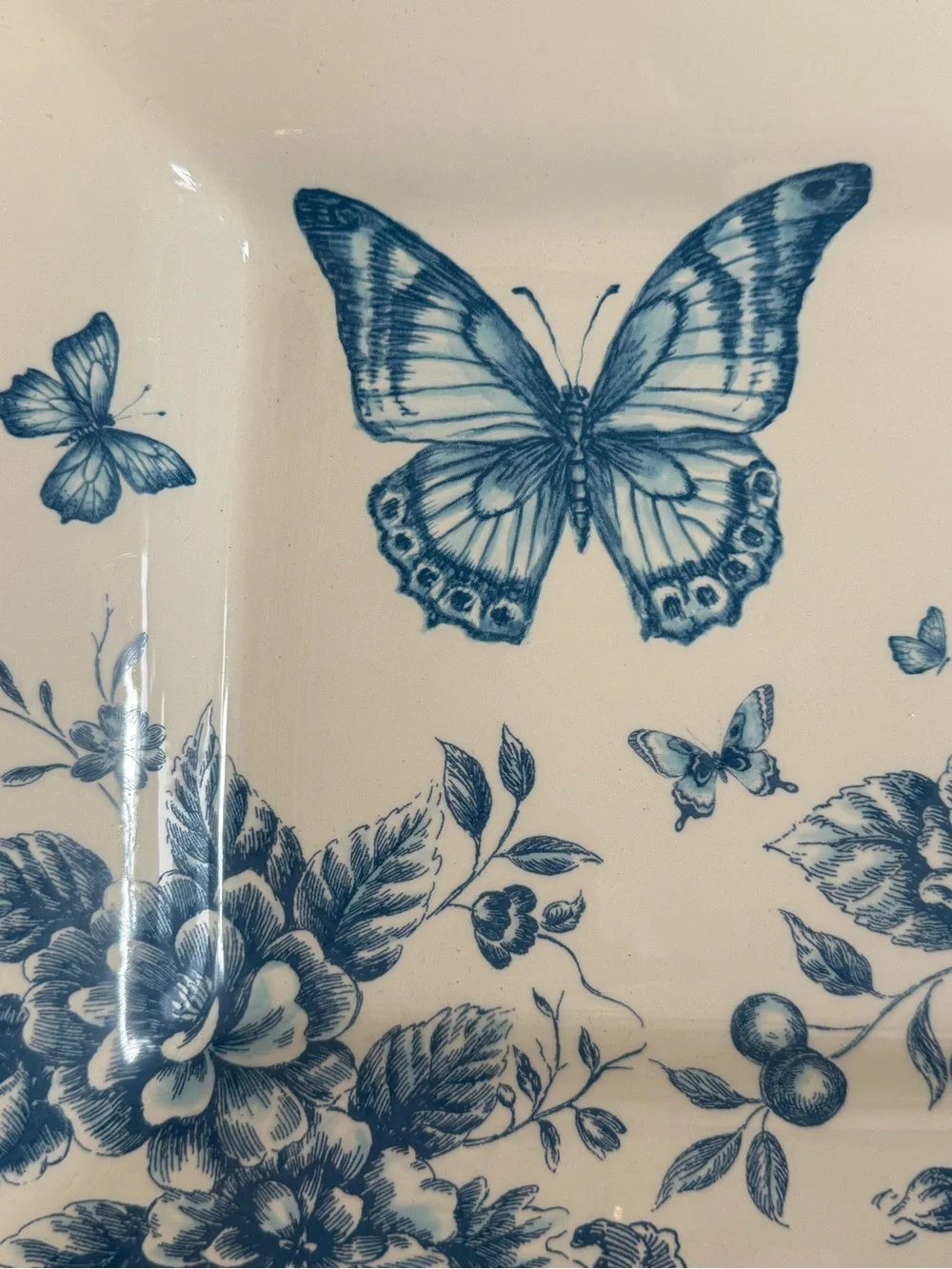 Vintage Maxcera Blue Butterfly & Floral Ceramic Serving Tray with Handles